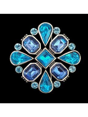 Vintage Blue Rhinestone Brooch Pin Pendant Silver-Tone Floral Design Statement